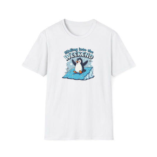 Sliding Penguin, Weekend Vibes T-Shirt, Funny Graphic Tee, Penguin Design Shirt, Casual Apparel, Unisex Softstyle T-Shirt - Psychonaut Swag