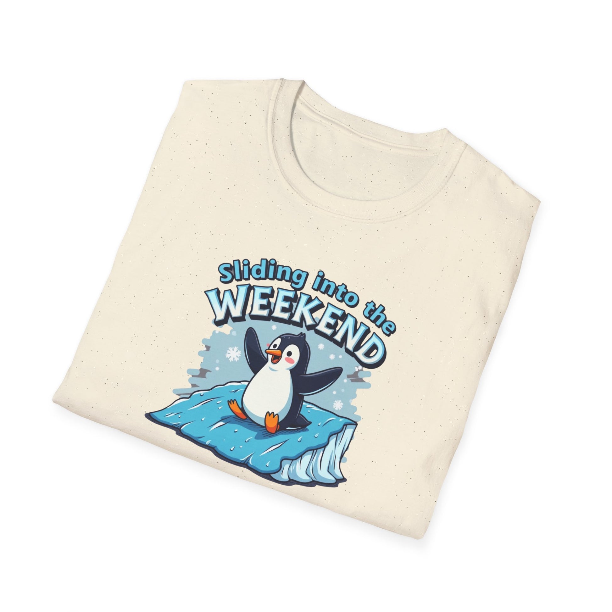 Sliding Penguin, Weekend Vibes T-Shirt, Funny Graphic Tee, Penguin Design Shirt, Casual Apparel, Unisex Softstyle T-Shirt - Psychonaut Swag