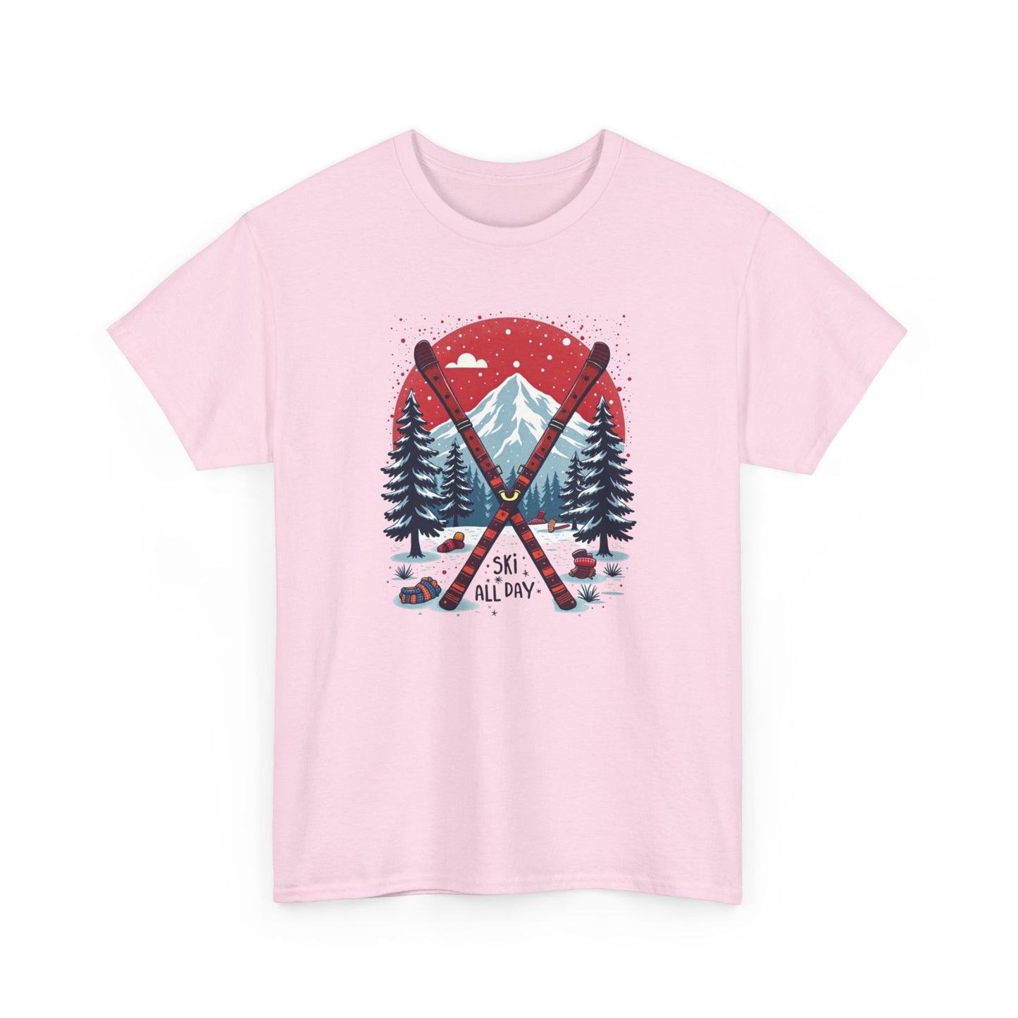 Ski All Day T-Shirt – Vintage Mountain Skis, Trees & Snow Graphic