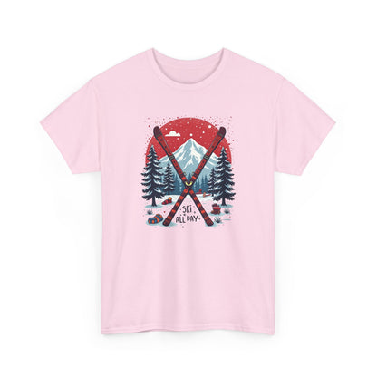 Ski All Day T-Shirt – Vintage Mountain Skis, Trees & Snow Graphic