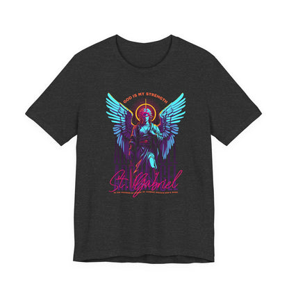 St. Gabriel Angel Tee — "God Is My Strength" Neon Graphic T-Shirt