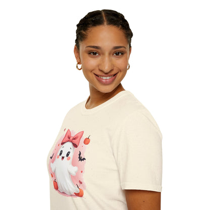 Cute Halloween Ghost T-Shirt — Pink Bow Ghost with Pumpkins & Bats