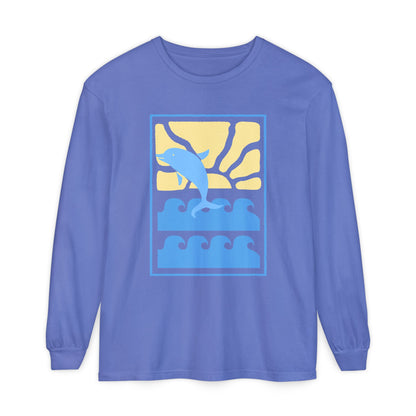 Sunset Dolphin Unisex Garment-dyed Long Sleeve T-Shirt - Psychonaut Swag