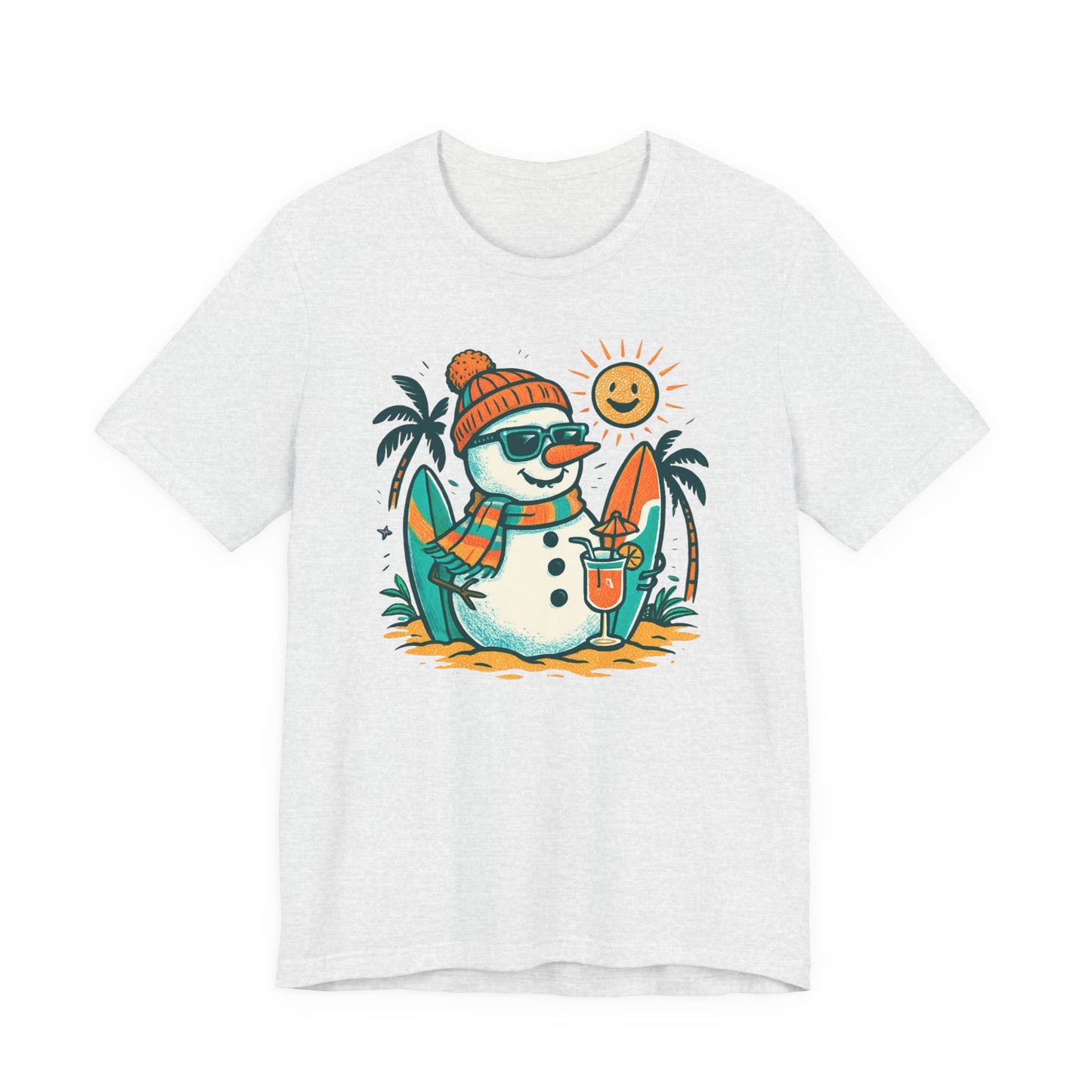 Frosty on Vacation Graphic Tee — Surfing Snowman with Drink Summer Holiday T-Shirt