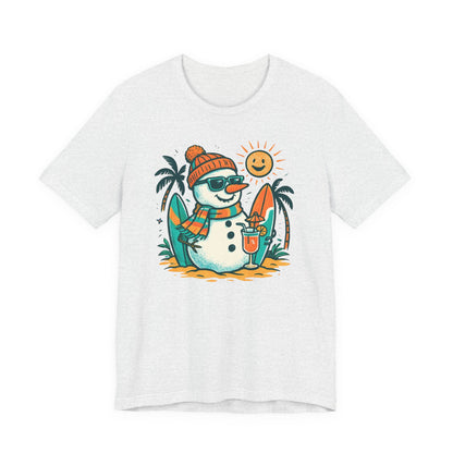 Frosty on Vacation Graphic Tee — Surfing Snowman with Drink Summer Holiday T-Shirt