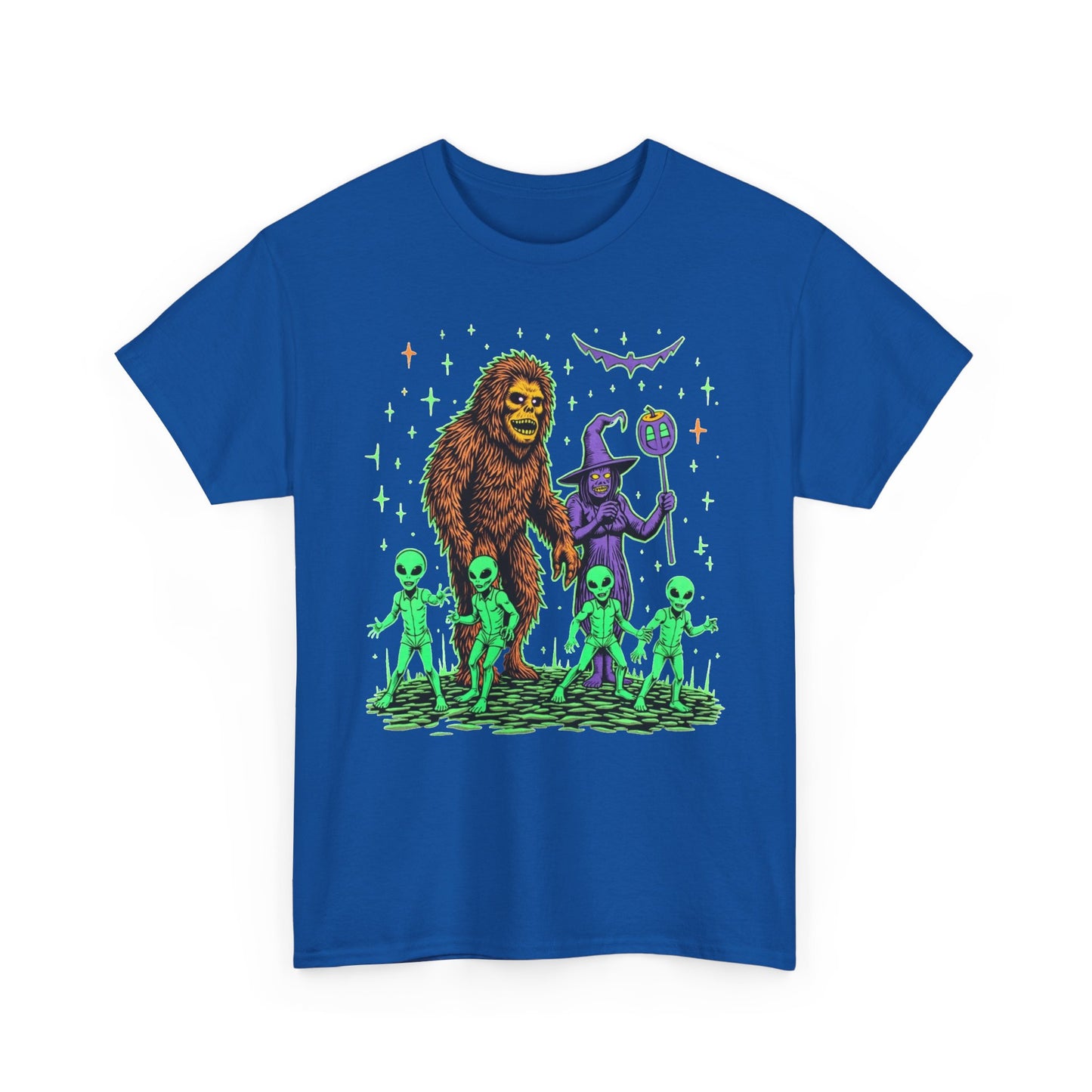Bigfoot & Aliens Halloween Graphic Tee — Retro Neon Sci‑Fi Cryptid Shirt