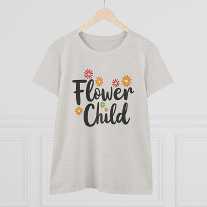 Flower Child Women's Midweight Cotton Tee - Boho Vintage Style Shirt for Everyday Wear - Psychonaut Swag