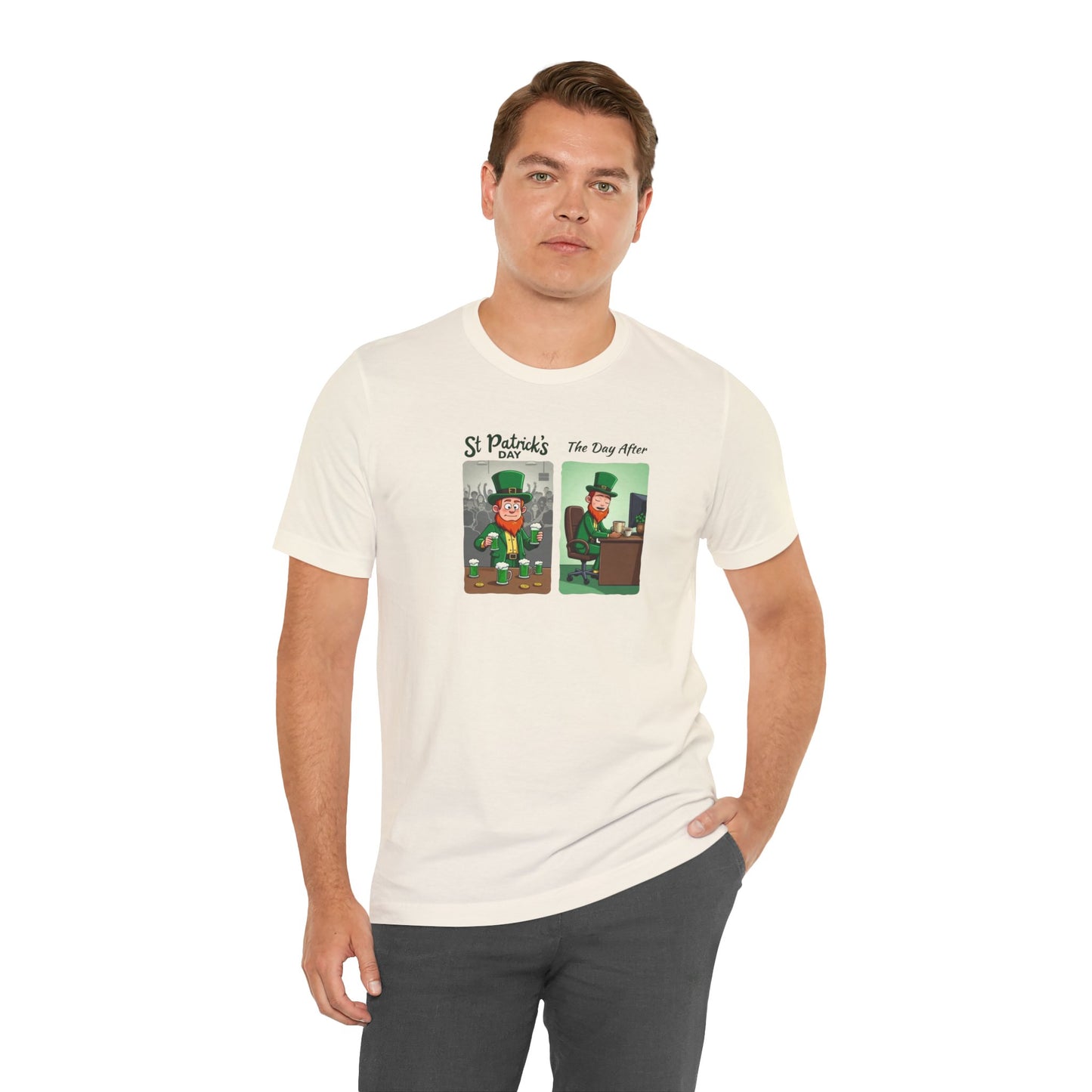St. Patrick's Day Leprechaun Funny Cartoon T-Shirt — "St. Patrick's Day / The Day After" Tee
