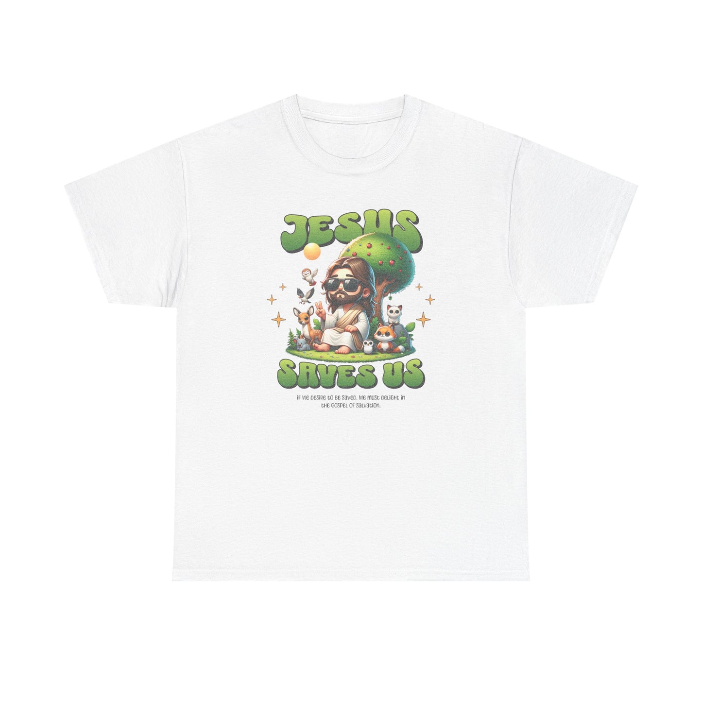 Jesus Saves Us T-Shirt — Cute Retro Jesus with Animals Christian Faith Tee