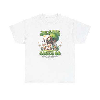 Jesus Saves Us T-Shirt — Cute Retro Jesus with Animals Christian Faith Tee
