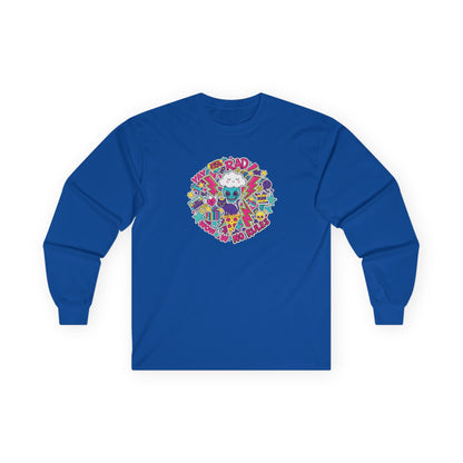 Retro Skate Cat Long Sleeve Tee — "Be Rad" Graphic