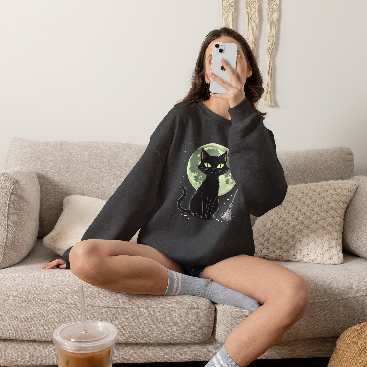 Black Cat Moon Crewneck Sweatshirt — Cute Witchy Cat Graphic