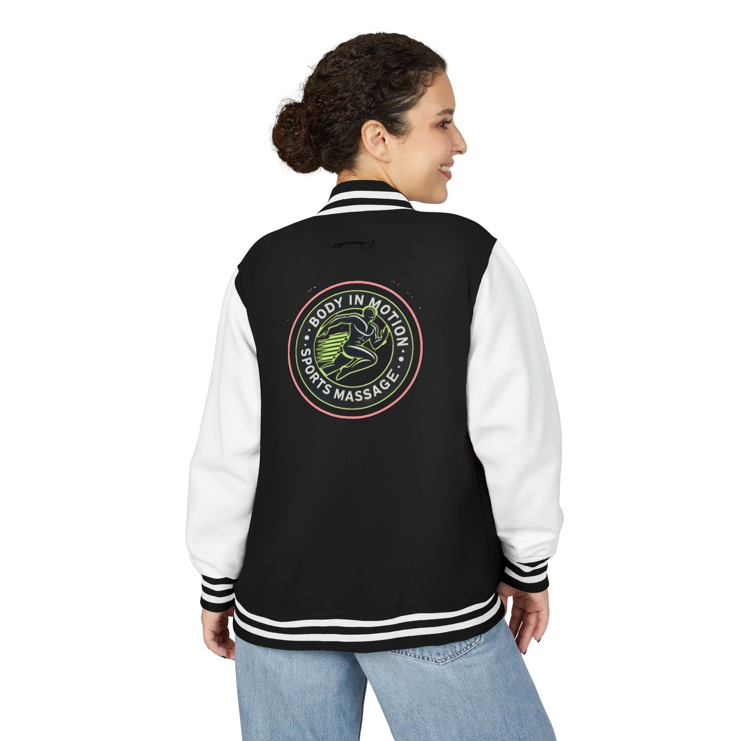 Sports Massage, Letterman Jacket — 'Body in Motion Sports Massage' Neon Logo