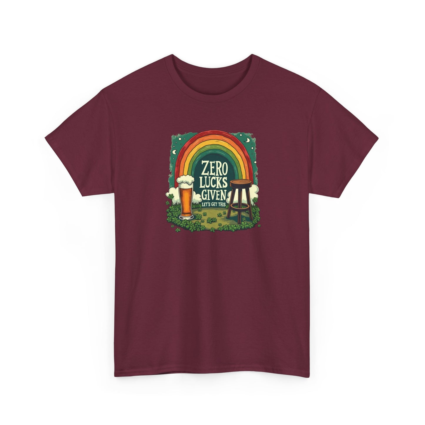 St. Patrick’s Day Tee — "Zero Lucks Given" Rainbow & Beer Graphic T-Shirt
