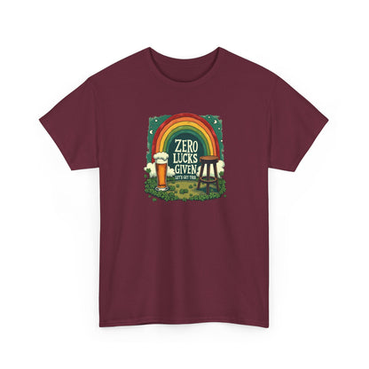 St. Patrick’s Day Tee — "Zero Lucks Given" Rainbow & Beer Graphic T-Shirt
