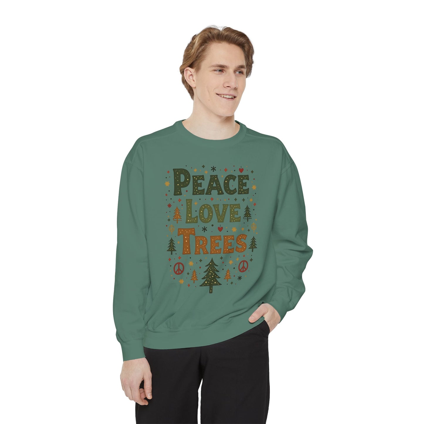 Peace Love Trees Sweatshirt — Eco Holiday Tree Graphic Sweatshirt