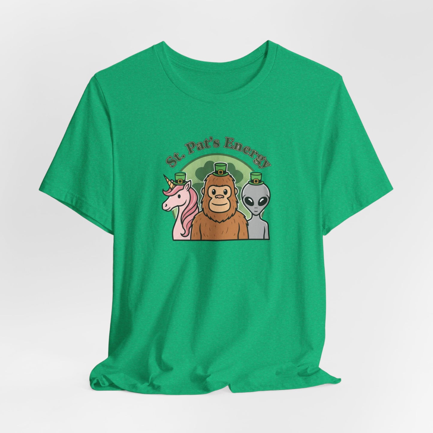 St. Pat’s Energy T‑Shirt — Unicorn, Bigfoot & Alien St. Patrick’s Day Tee