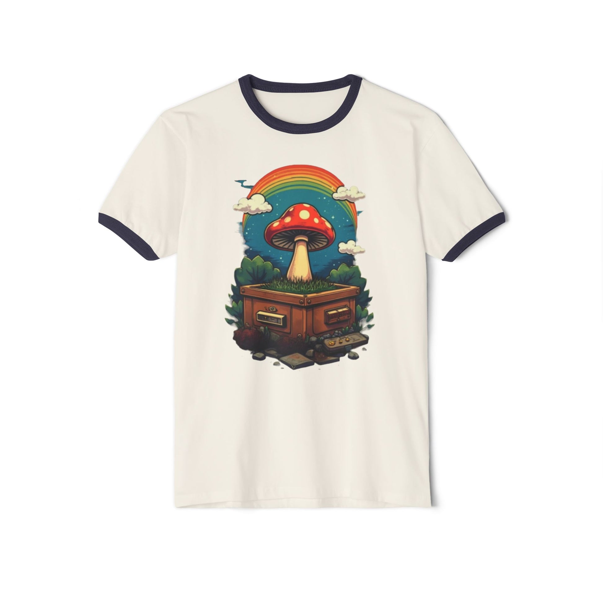 Rainbow Mushroom Unisex Cotton Ringer T-Shirt | Psychedelic Tee, Retro Fashion, Gift for Nature Lovers, Summer Wear, Festival Shirt - Psychonaut Swag