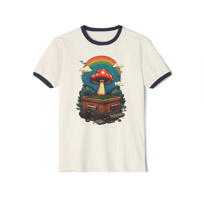 Rainbow Mushroom Unisex Cotton Ringer T-Shirt | Psychedelic Tee, Retro Fashion, Gift for Nature Lovers, Summer Wear, Festival Shirt - Psychonaut Swag