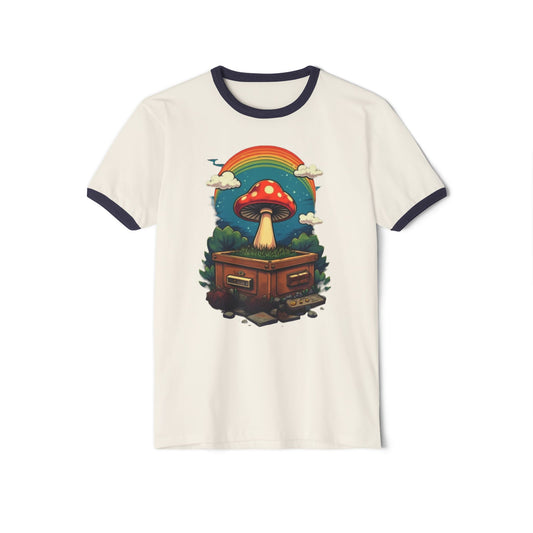 Rainbow Mushroom Unisex Cotton Ringer T-Shirt | Psychedelic Tee, Retro Fashion, Gift for Nature Lovers, Summer Wear, Festival Shirt - Psychonaut Swag
