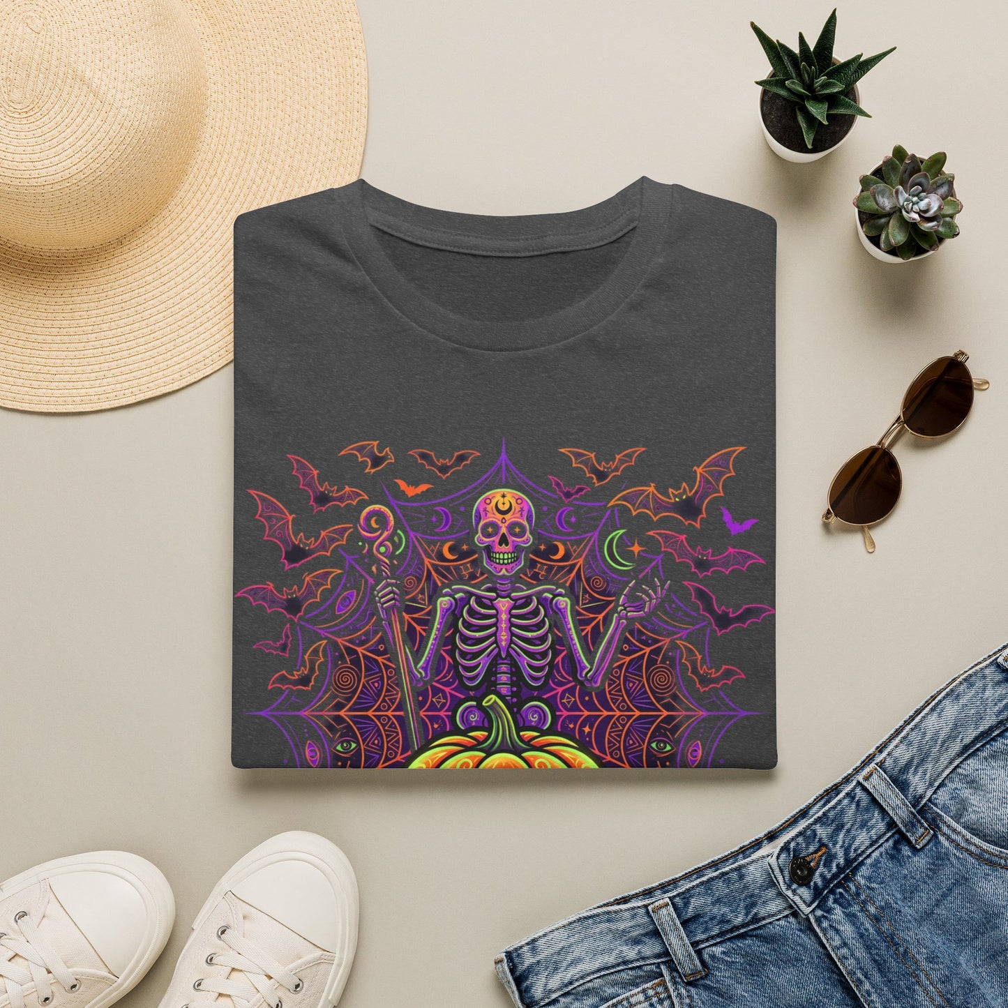 Skeleton Sorcerer Halloween T-Shirt — Jack-O'-Lantern & Bats Spooky Tee