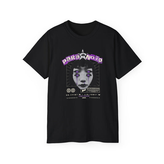 Paranoid in Vegas, Retro Cyber Goth Tee — Purple Distorted Face Graphic Shirt