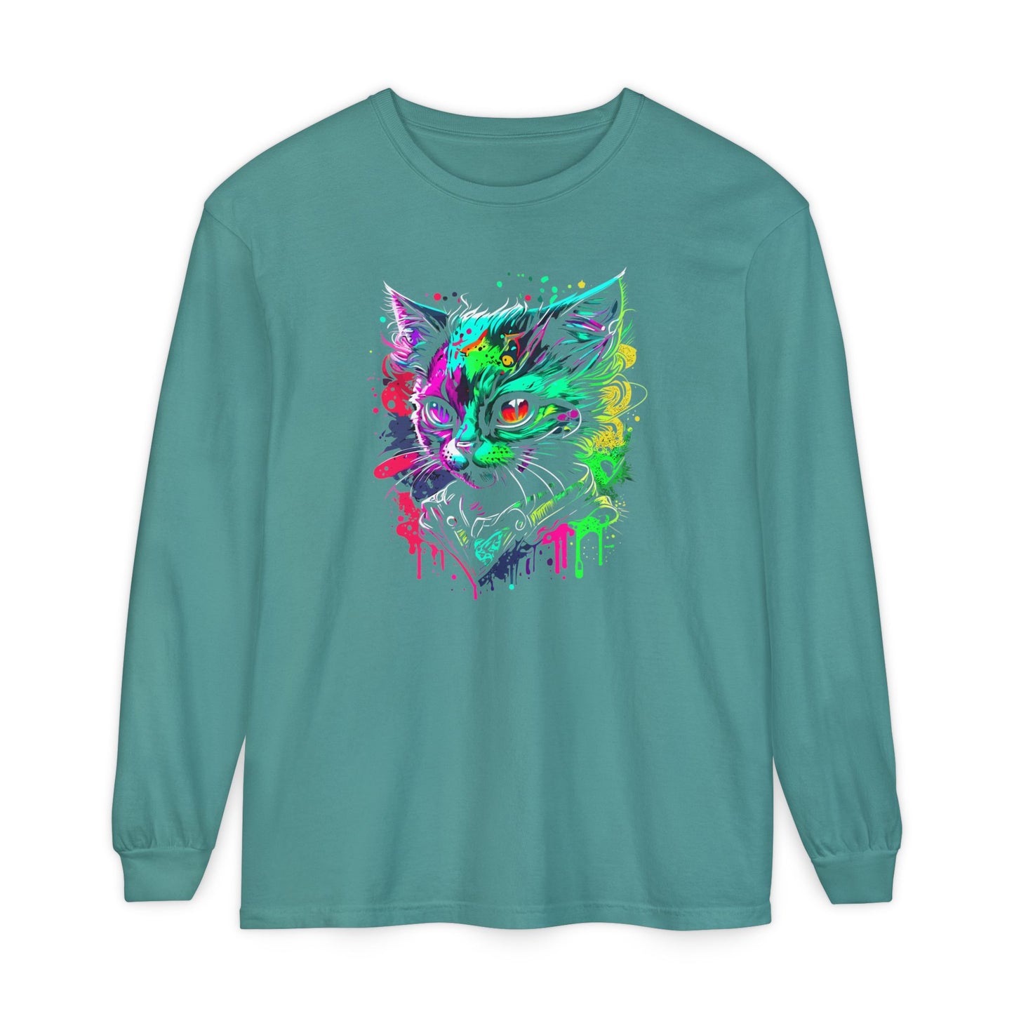 Psychedelic Cat, Unisex Garment-dyed Long Sleeve T-Shirt