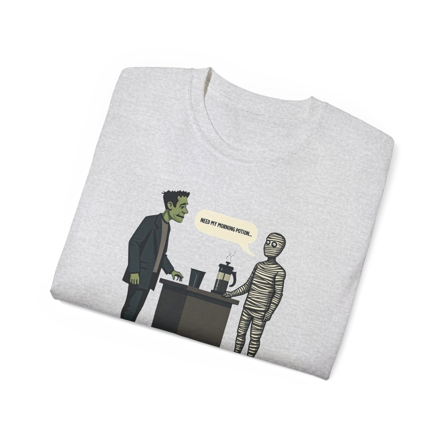Funny Halloween Tee — Frankenstein & Mummy Coffee Joke Shirt