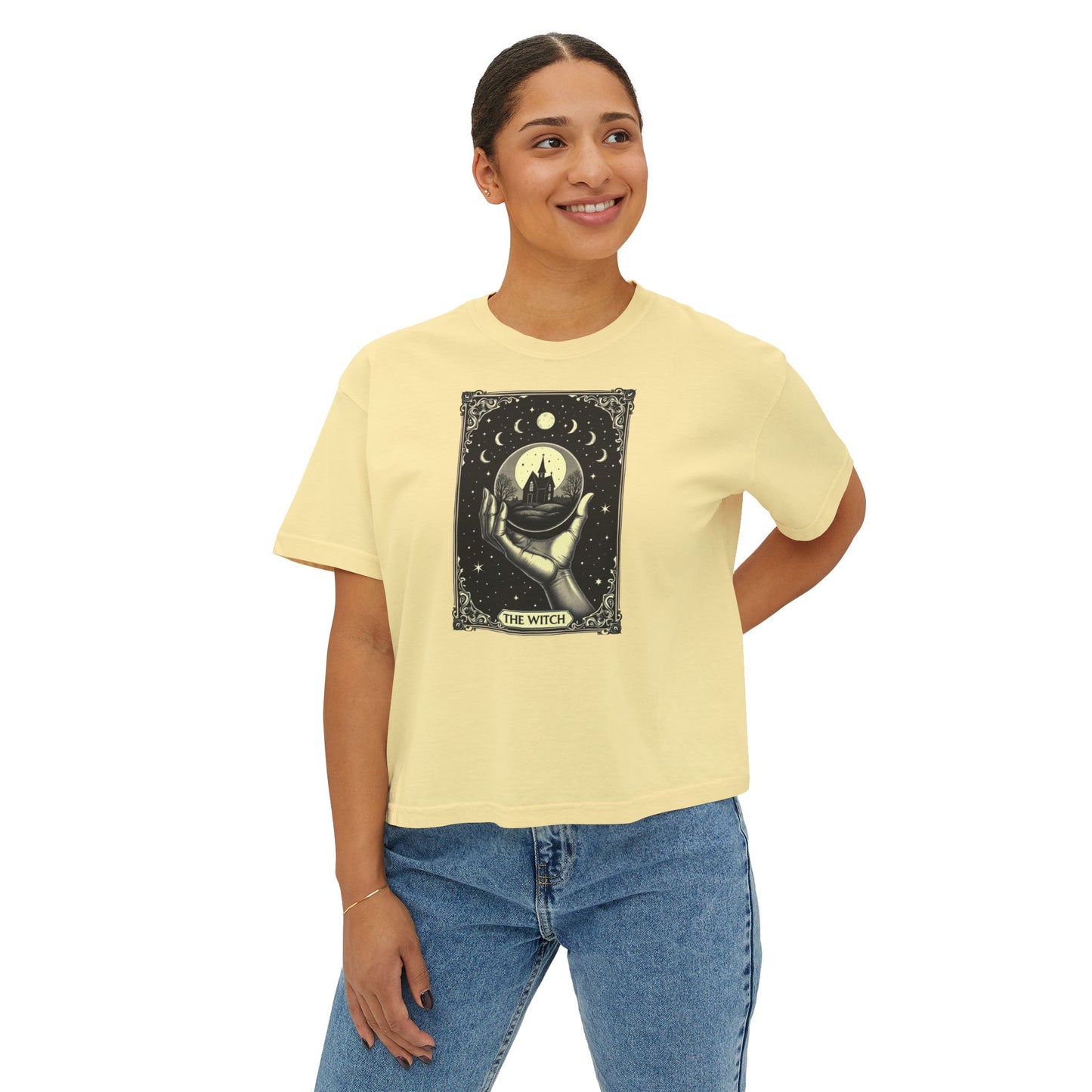 Witch Tarot Boxy Tee - Mystic Crystal Ball Graphic Women’s Crop Shirt