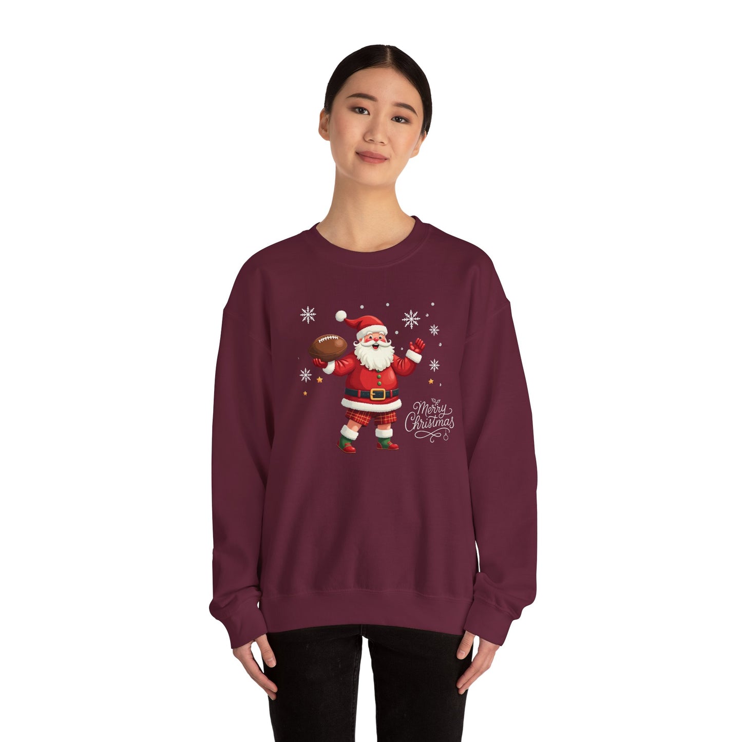 Santa Throwing Football, Christmas Sweatshirt - Jolly Santa with 'Merry Christmas' Graphic