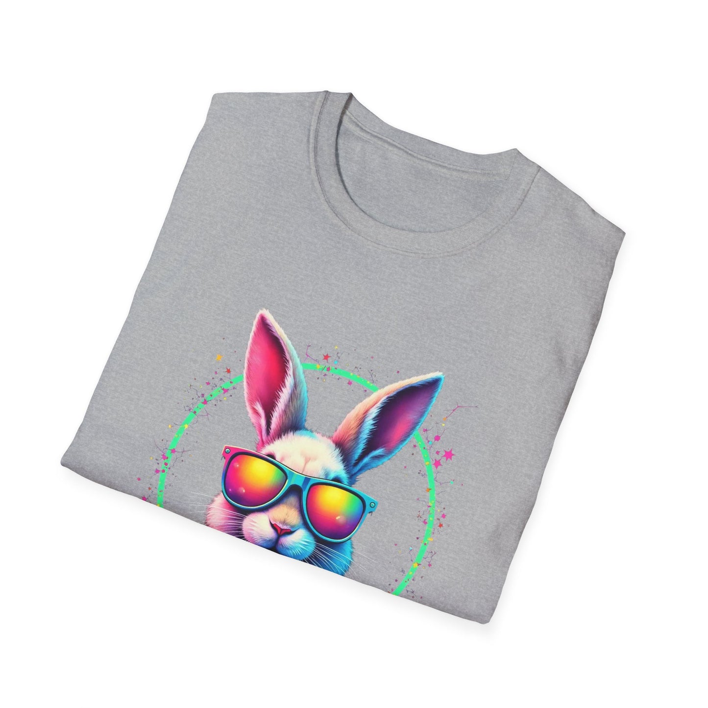 Easter Bunny Sunglasses T-Shirt — Colorful Neon Bunny with Easter Eggs