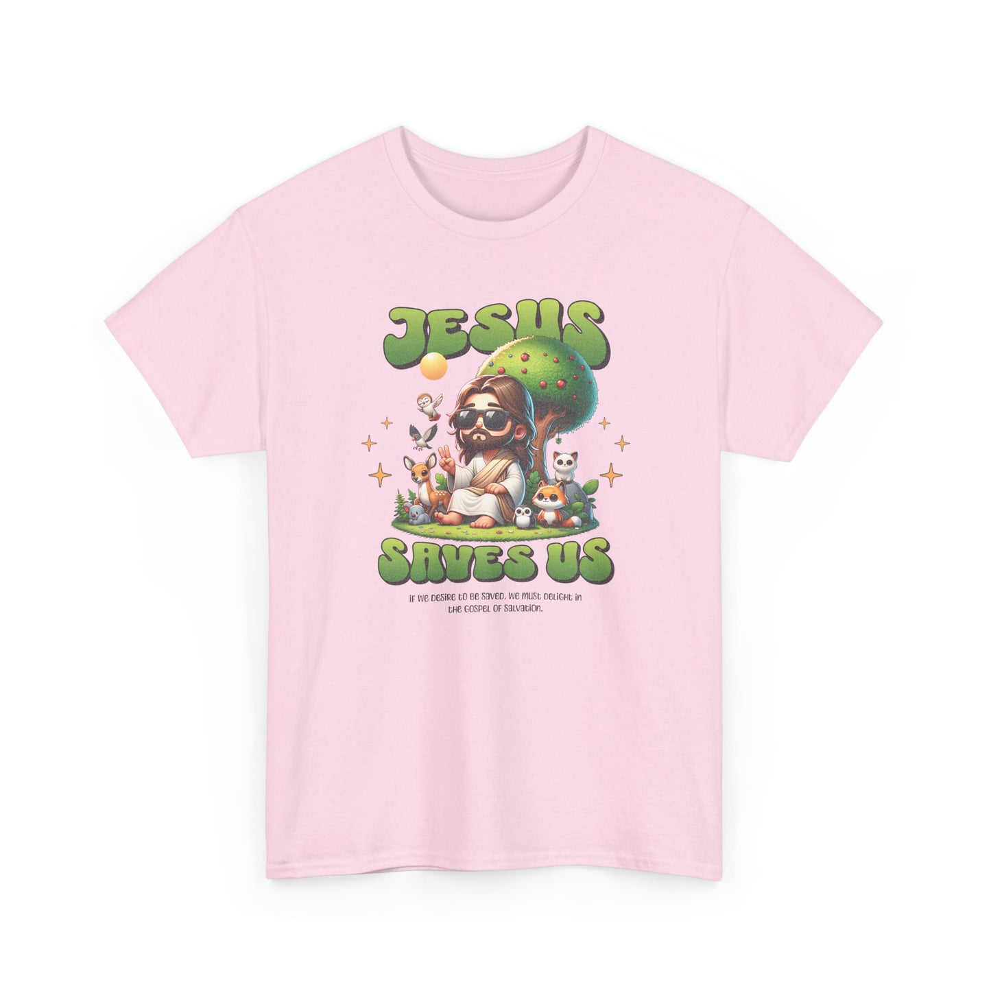 Jesus Saves Us T-Shirt — Cute Retro Jesus with Animals Christian Faith Tee