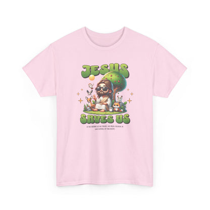 Jesus Saves Us T-Shirt — Cute Retro Jesus with Animals Christian Faith Tee