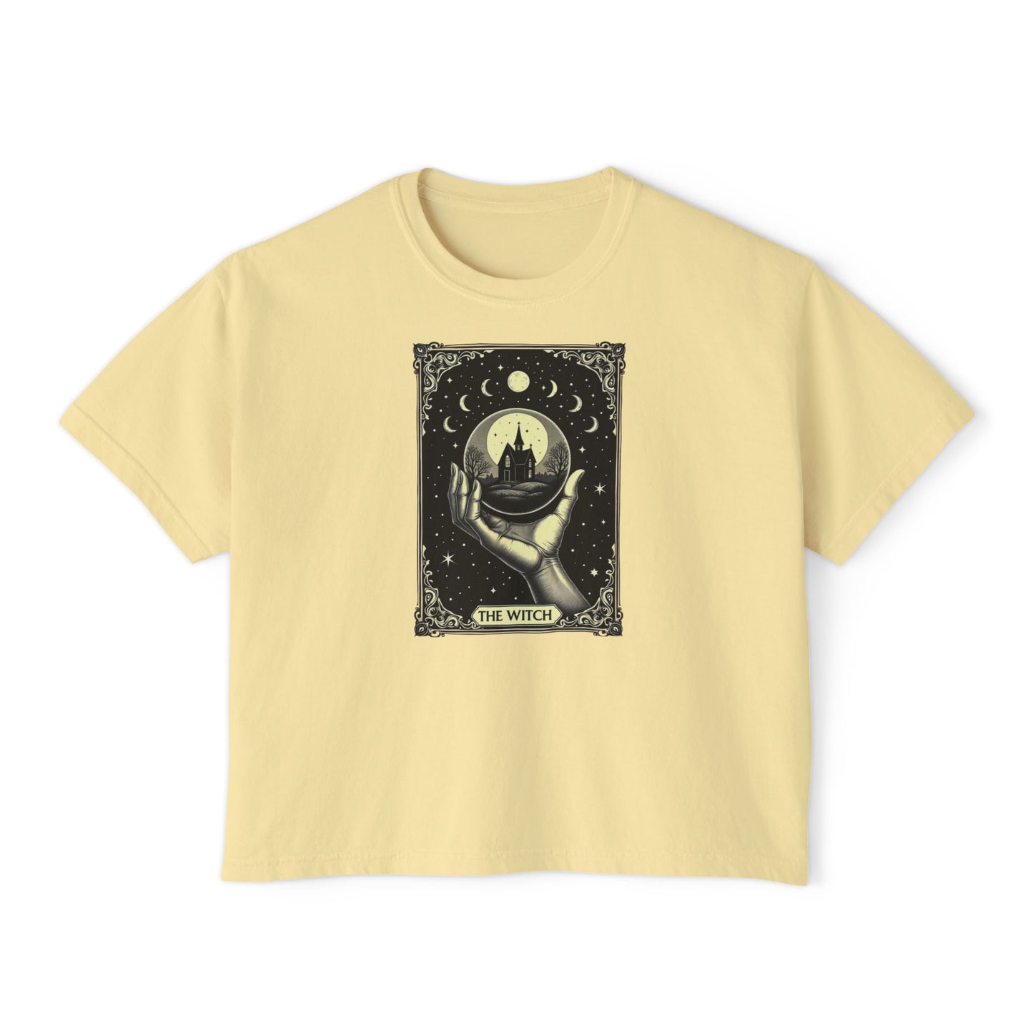 Witch Tarot Boxy Tee - Mystic Crystal Ball Graphic Women’s Crop Shirt