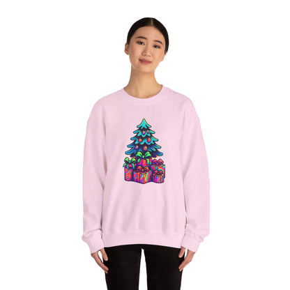 Psychedelic Christmas Tree Sweatshirt — Colorful Holiday Tree with Gifts Crewneck