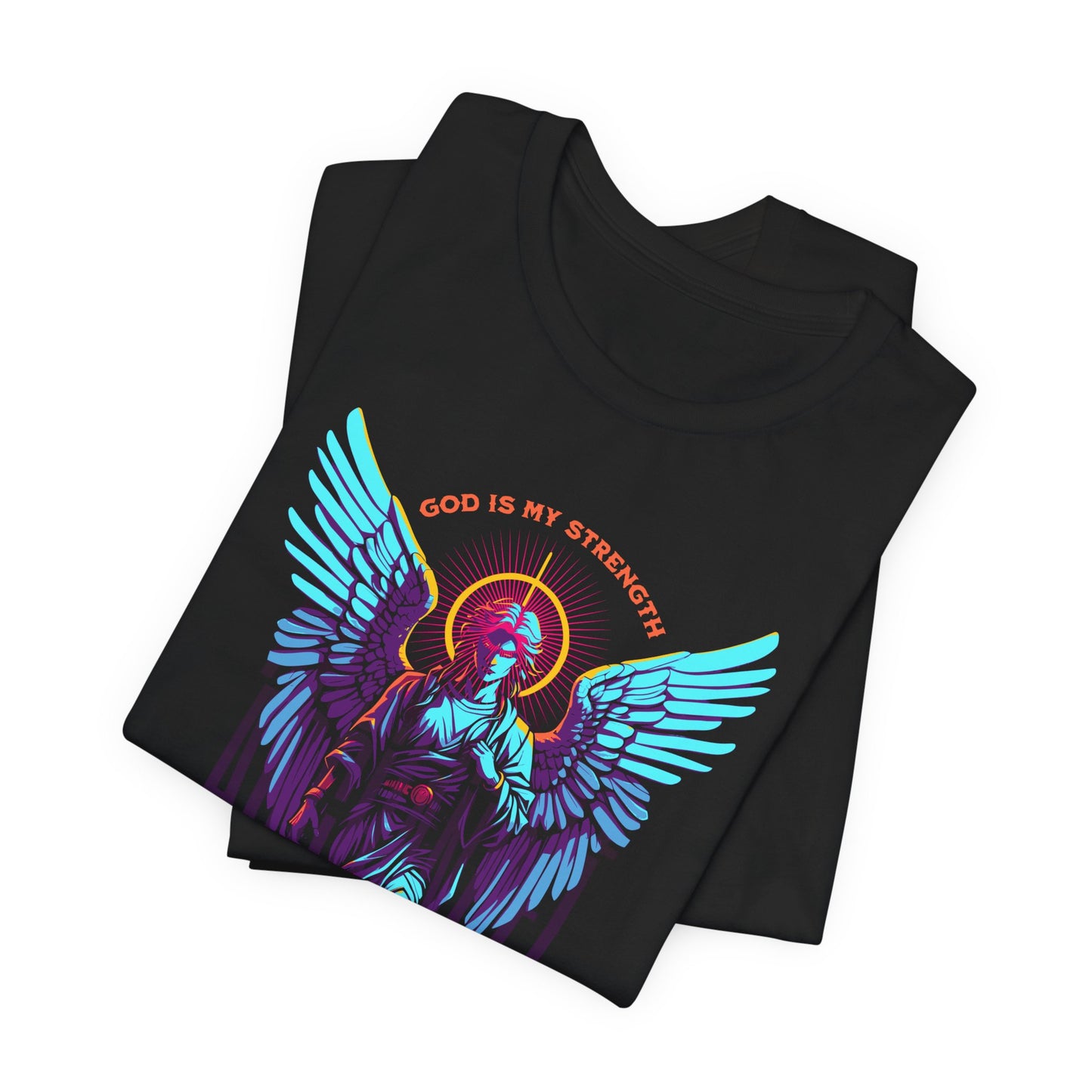 St. Gabriel Angel Tee — "God Is My Strength" Neon Graphic T-Shirt