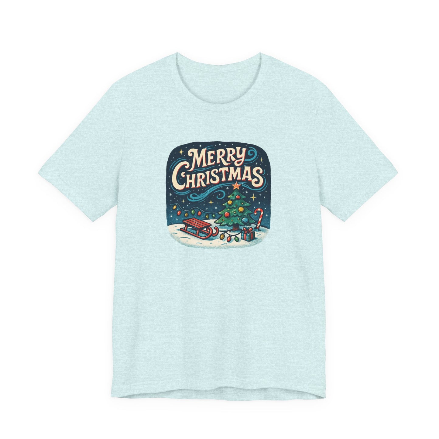 Merry Christmas Tee — Vintage Holiday Tree & Sled Graphic T-Shirt