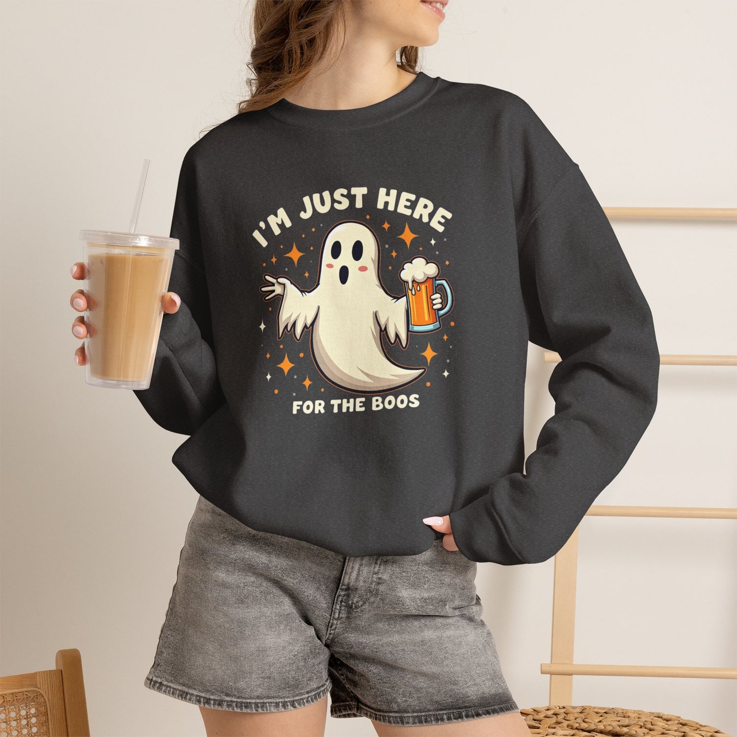 Halloween Ghost Sweatshirt — "I'm Just Here for the Boos" Cozy Crewneck