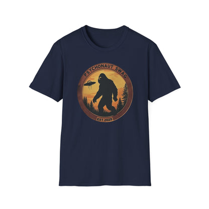 Bigfoot and UFO, Unisex Softstyle T-Shirt, Trendy Graphic Tee, Funny Bigfoot Shirt, Adventure Apparel, Gift for Nature Lovers