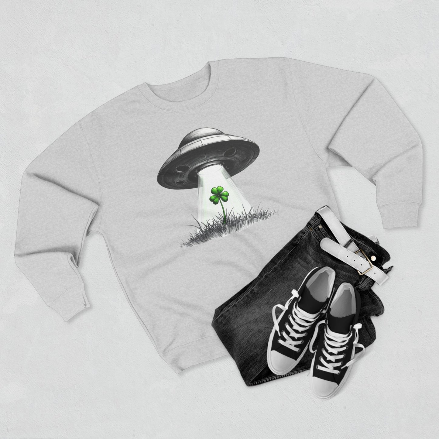 St. Patrick’s UFO Clover Sweatshirt — Alien Abduction Shamrock Crewneck