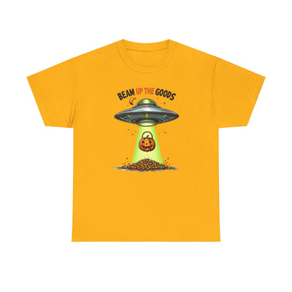 Halloween UFO T-Shirt — "Beam Up The Goods" Pumpkin Candy Abduction Tee