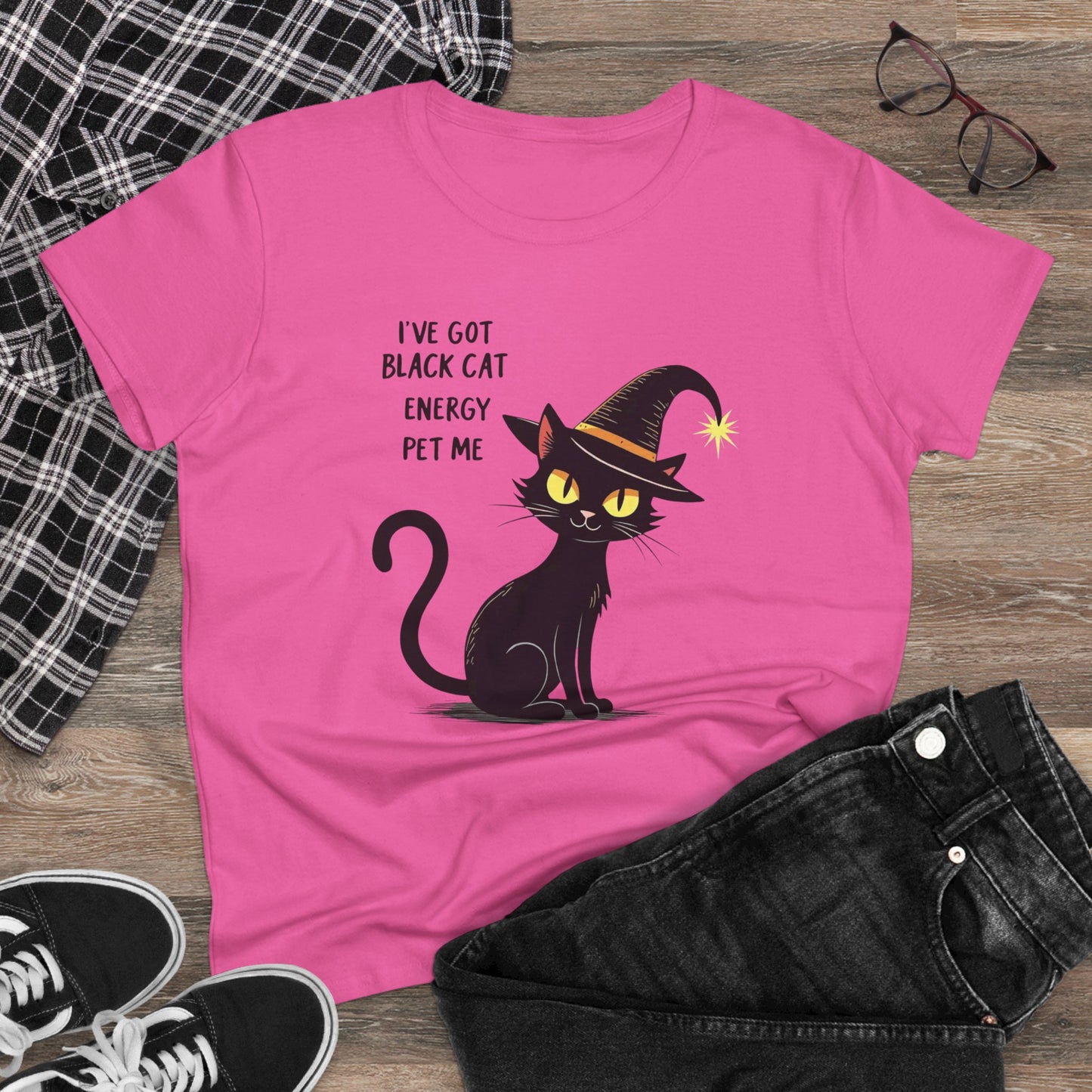 Black Cat Energy Tee — Cute Witchy Women's T-Shirt ("I've Got Black Cat Energy — Pet Me")
