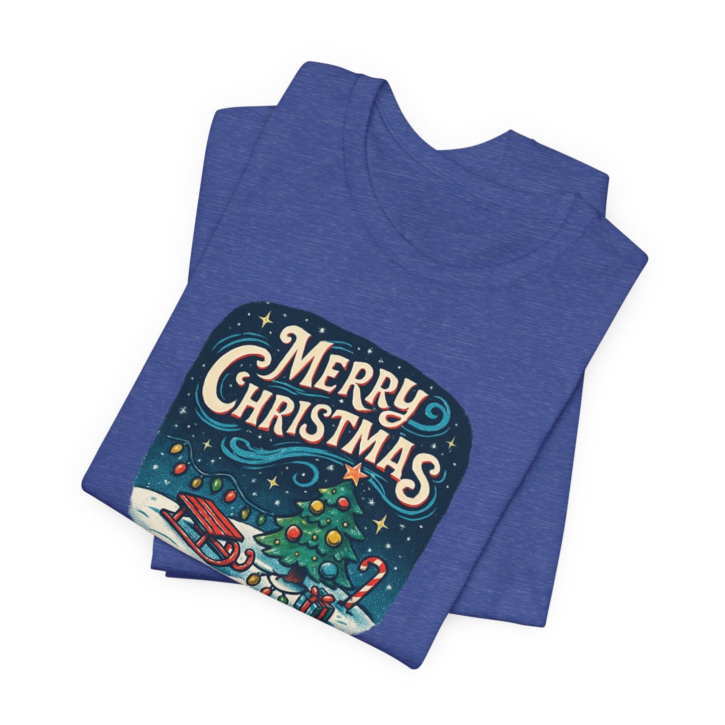 Merry Christmas Tee — Vintage Holiday Tree & Sled Graphic T-Shirt
