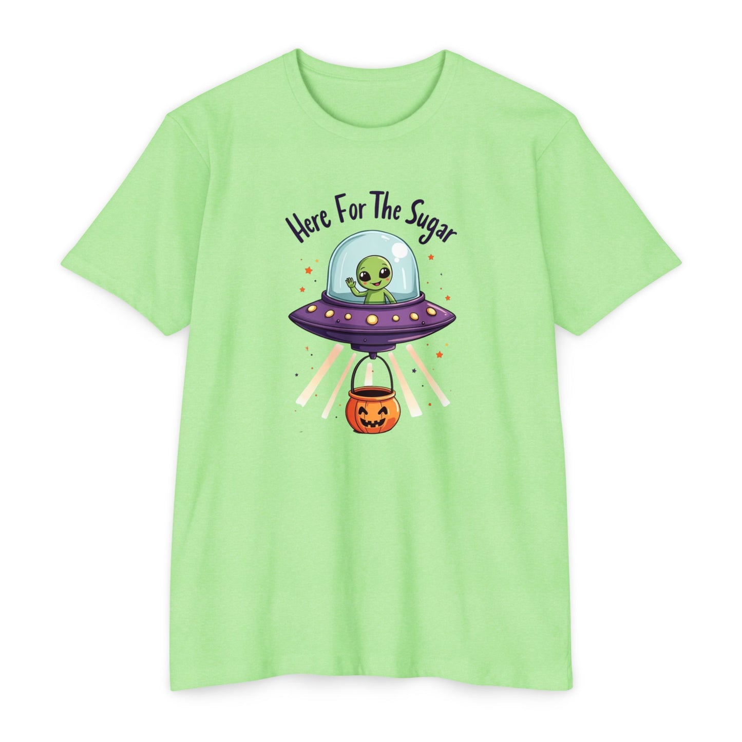 Halloween Alien T-Shirt — "Here For The Sugar" Cute UFO Trick-or-Treat Tee