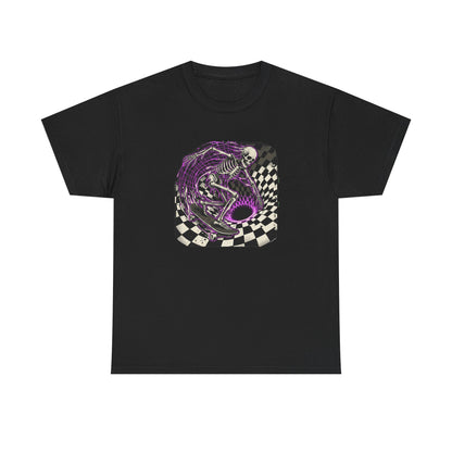 Skate Skeleton Graphic Tee — Purple Vortex Checkerboard