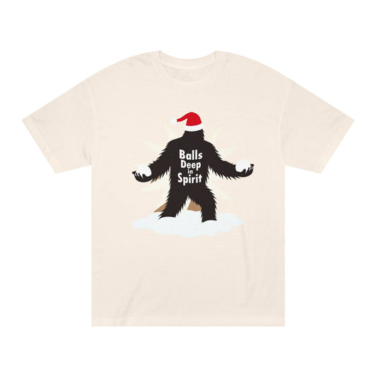 Bigfoot Holiday Tee — "Balls Deep Spirit" Funny Christmas Sasquatch T-Shirt