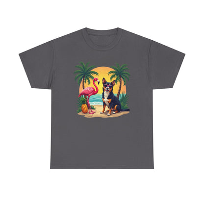 Dog Beach Sunset T-Shirt — Tropical Flamingo Palm Tee