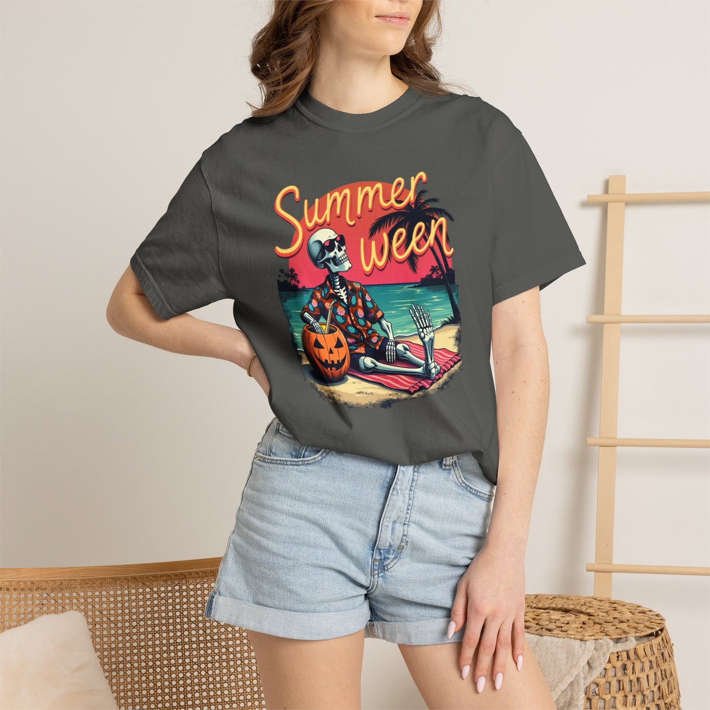 T-Shirt — "Summerween" Beach Skeleton Halloween Graphic Tee