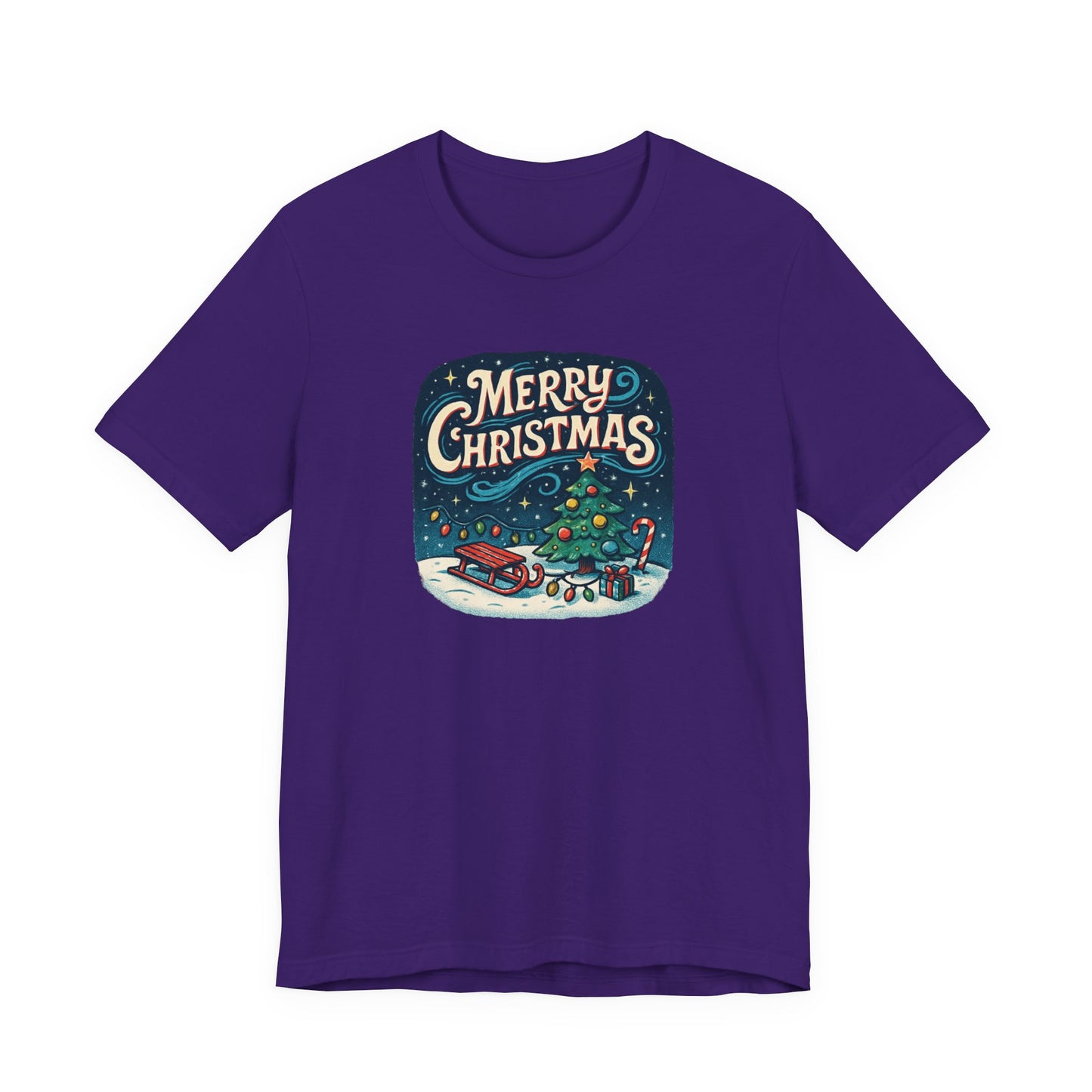 Merry Christmas Tee — Vintage Holiday Tree & Sled Graphic T-Shirt