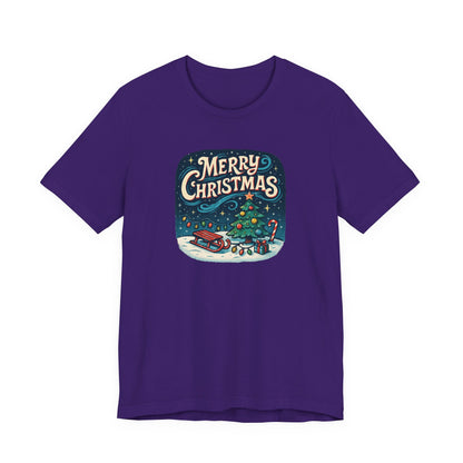 Merry Christmas Tee — Vintage Holiday Tree & Sled Graphic T-Shirt